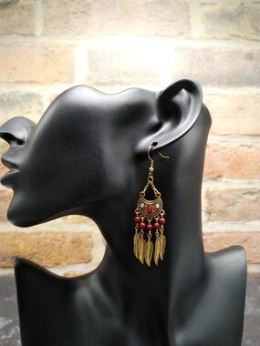 Gold and Red Bohemian Feather Drop Earrings
